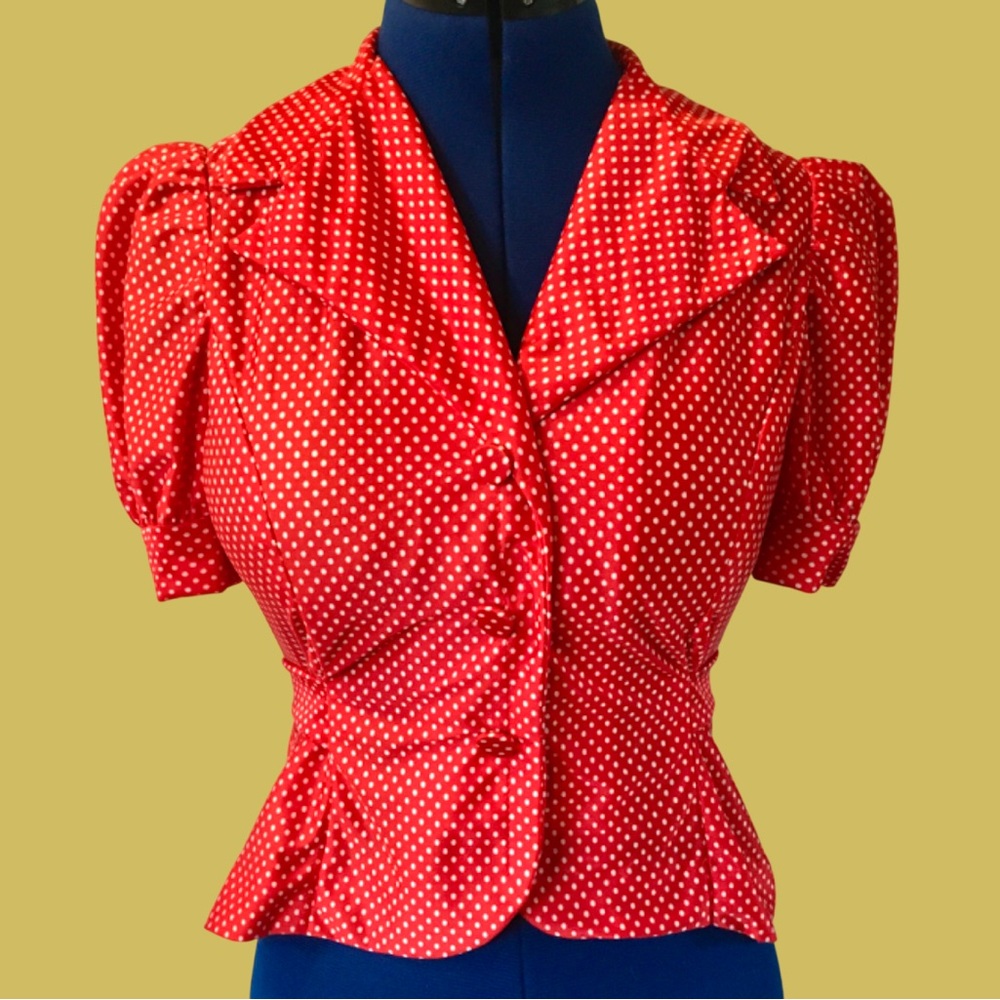 Vintage Handmade Red Polka Dot Puff Sleeve Blouse